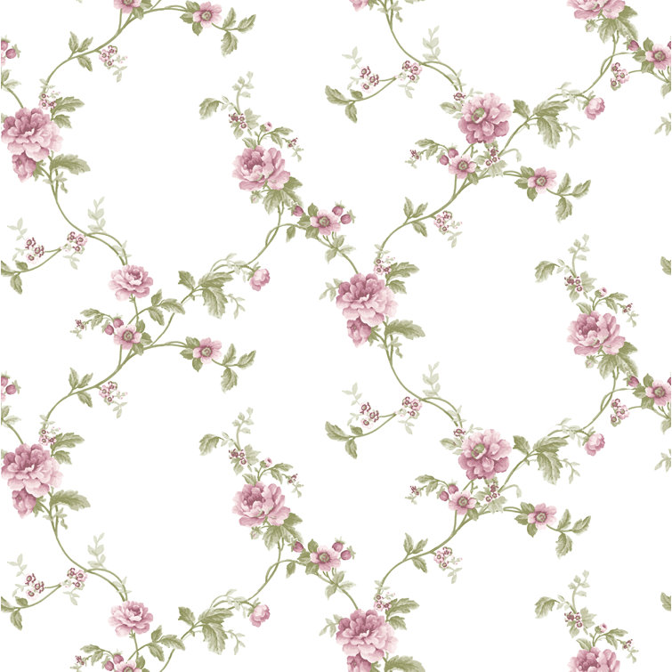 Pink and Green Floral Damask Non-Pasted Paper Wallpaper Roll