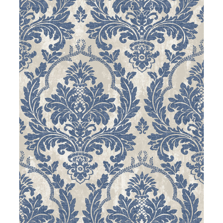 Blue and Beige Large Damask Vinyl Non-Pasted Wallpaper Roll