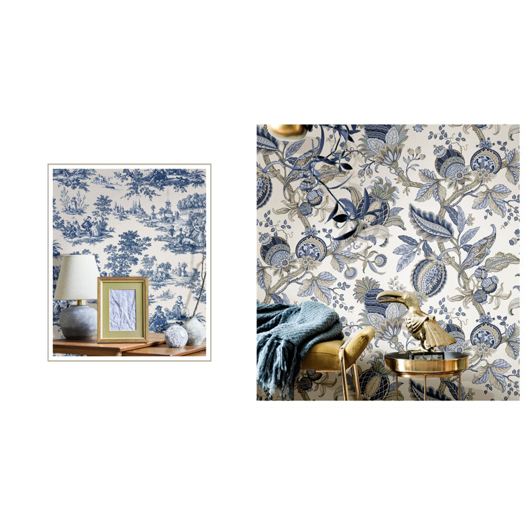 Cottage Chic Blue Damask Floral Non-Pasted Wallpaper Roll