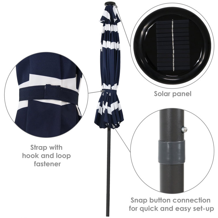 Navy Blue Striped Aluminum Market Umbrella with Solar LED Lights