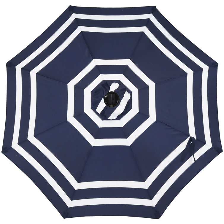 Navy Blue Striped Aluminum Market Umbrella with Solar LED Lights