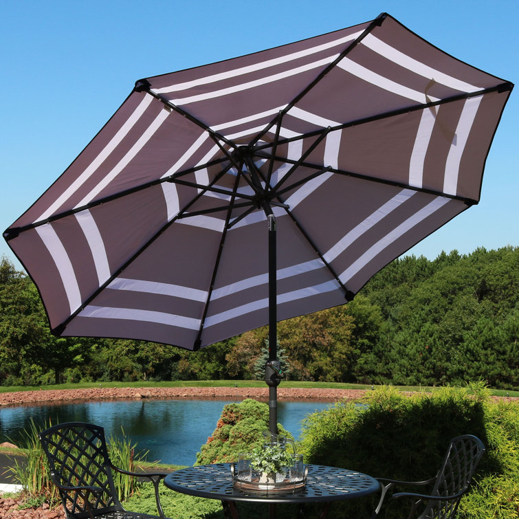 Navy Blue Striped Aluminum Market Umbrella with Solar LED Lights