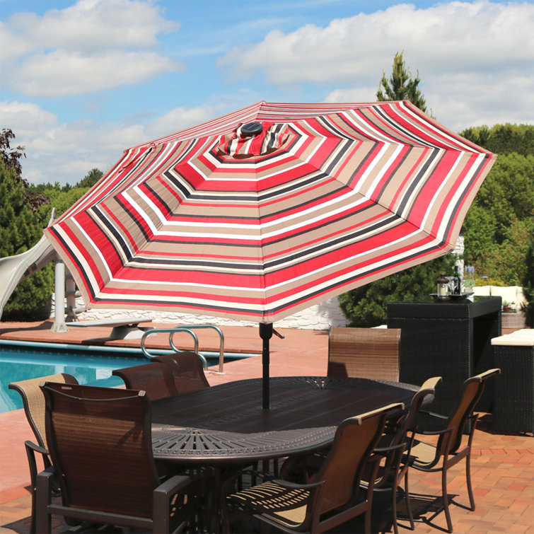 9' Awning Stripe Aluminum Market Umbrella with Solar LED Lights
