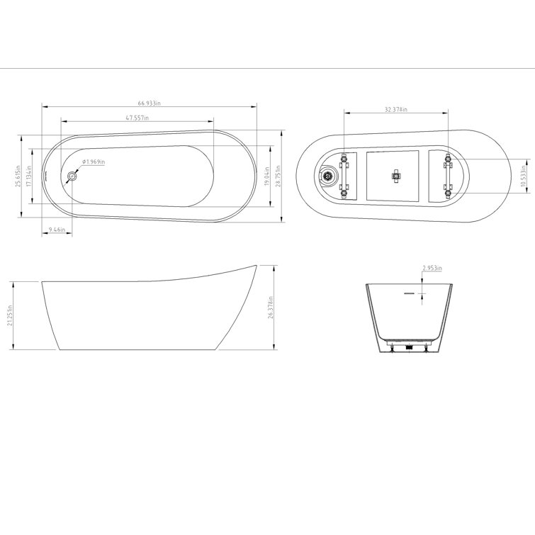 67" White Acrylic Freestanding Soaking Bathtub