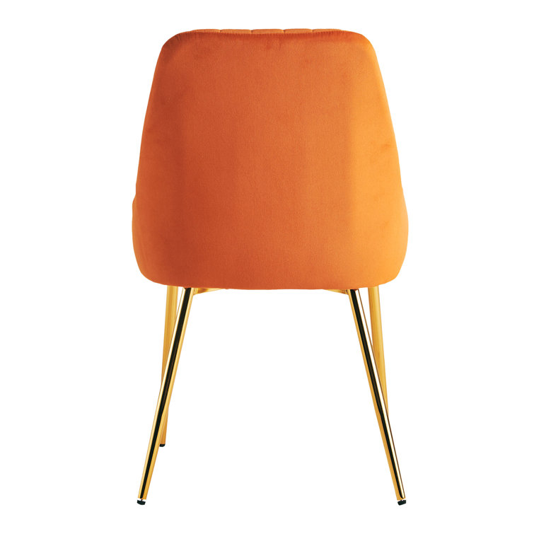 Orange Velvet Tufted Side Chairs with Gold Metal Legs, Set of 2