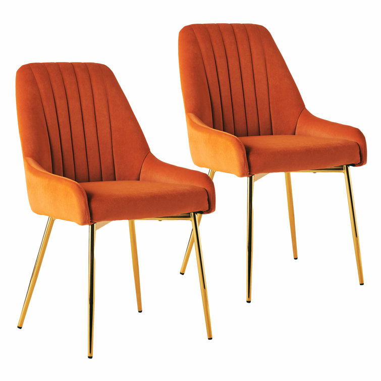 Orange Velvet Tufted Side Chairs with Gold Metal Legs, Set of 2
