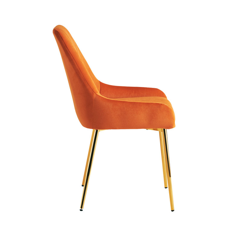 Orange Velvet Tufted Side Chairs with Gold Metal Legs, Set of 2