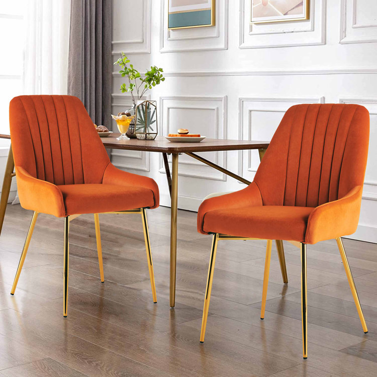 Orange Velvet Tufted Side Chairs with Gold Metal Legs, Set of 2