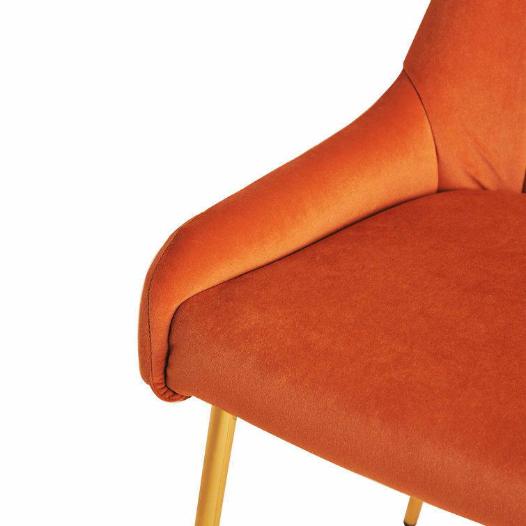 Orange Velvet Tufted Side Chairs with Gold Metal Legs, Set of 2