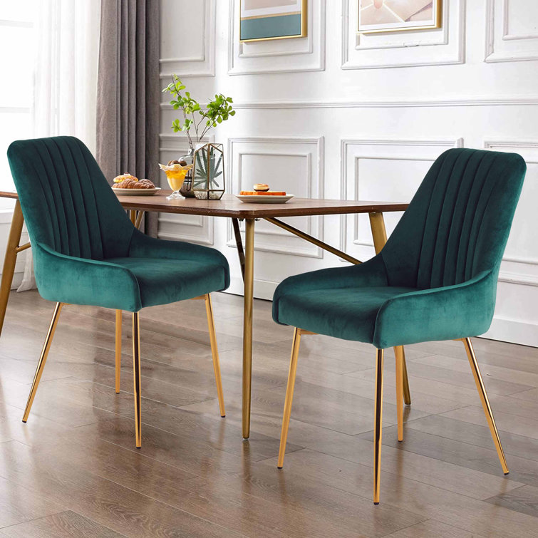 Green Velvet Upholstered Side Chairs with Gold Metal Legs, Set of 2