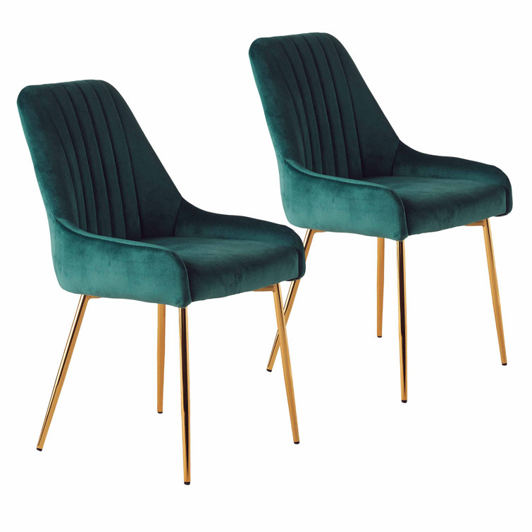 Green Velvet Upholstered Side Chairs with Gold Metal Legs, Set of 2