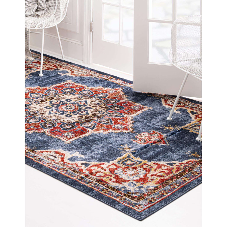 Navy Blue and Red Oriental Synthetic Runner Rug