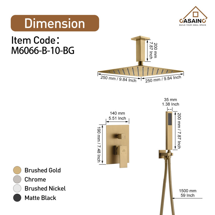 Brushed Gold Large Square Dual Rain Shower System with Handheld
