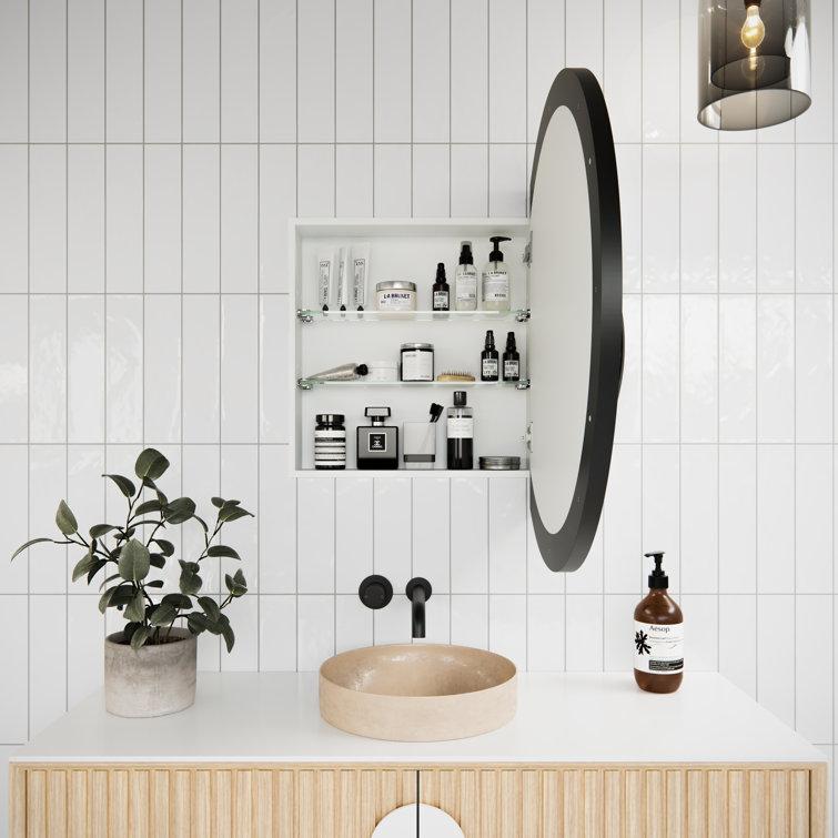 Black Round Steel Recessed Medicine Cabinet with Mirror