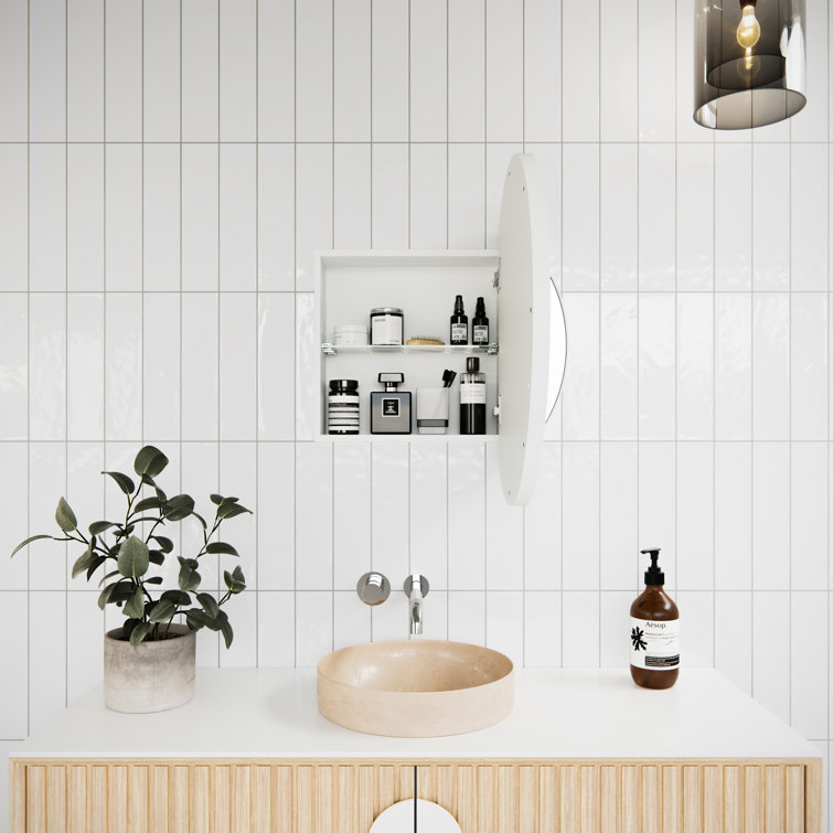 White Round Steel Framed Medicine Cabinet with Mirror