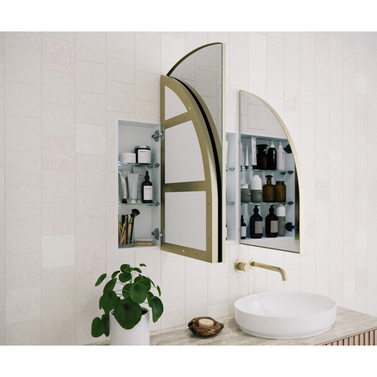 Large Gold Steel Arched Triple Door Medicine Cabinet with Mirror