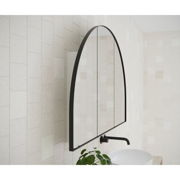 Arched Black Steel 3-Door Medicine Cabinet with Glass Shelves
