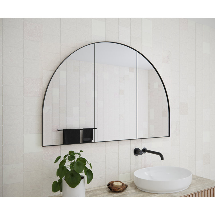 Arched Black Steel 3-Door Medicine Cabinet with Glass Shelves