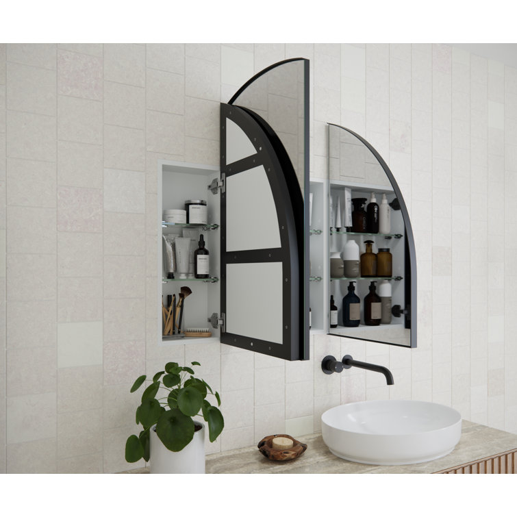 Arched Black Steel 3-Door Medicine Cabinet with Glass Shelves