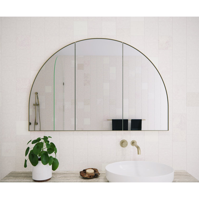 Large Gold Steel Arched Triple Door Medicine Cabinet with Mirror