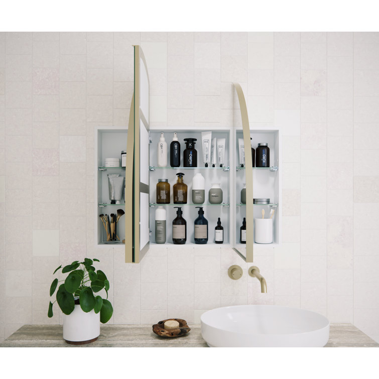 Large Gold Steel Arched Triple Door Medicine Cabinet with Mirror
