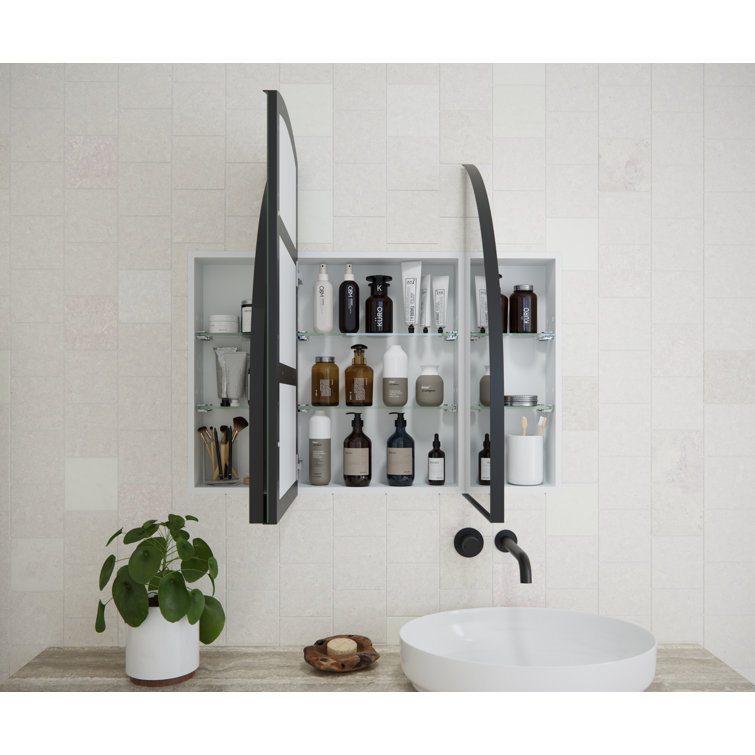 Arched Black Steel 3-Door Medicine Cabinet with Glass Shelves
