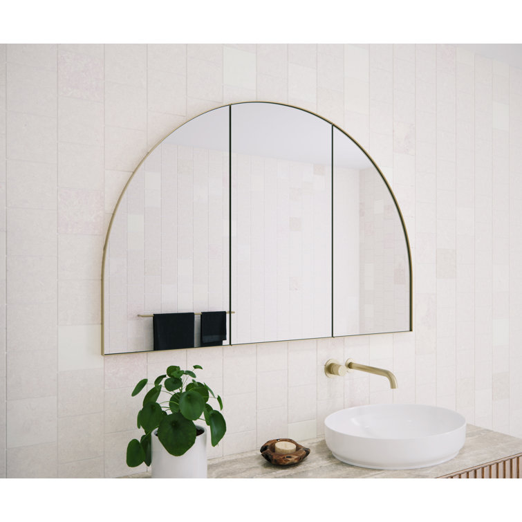 Large Gold Steel Arched Triple Door Medicine Cabinet with Mirror