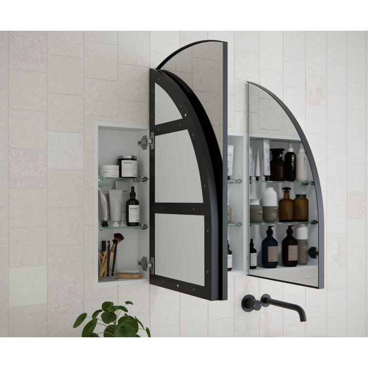 Arched Black Steel 3-Door Medicine Cabinet with Glass Shelves
