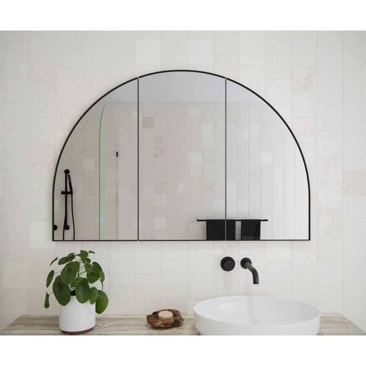 Arched Black Steel 3-Door Medicine Cabinet with Glass Shelves