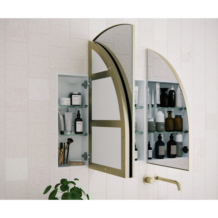 Large Gold Steel Arched Triple Door Medicine Cabinet with Mirror