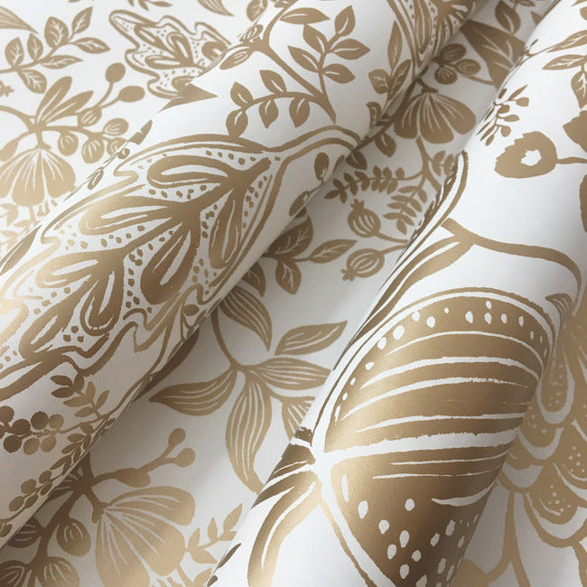 White and Metallic Gold Damask Wallpaper Roll