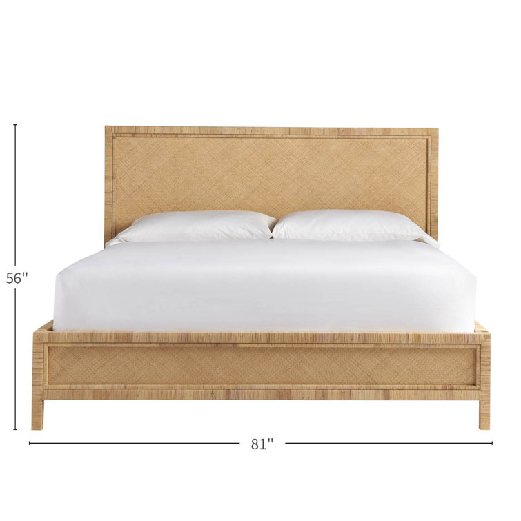 King Coastal Brown Rattan Panel Bed with Upholstered Headboard