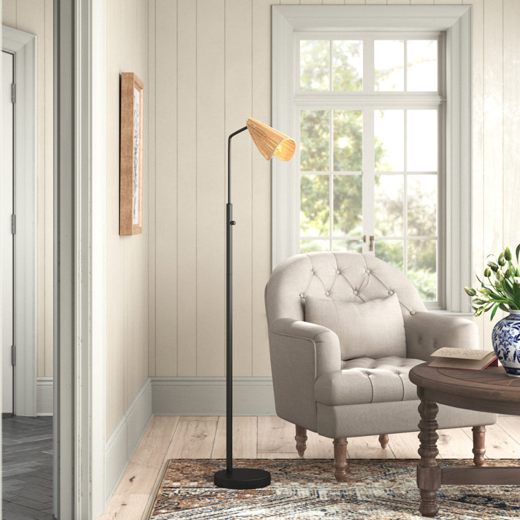 Adjustable Black Metal Floor Lamp with Natural Rattan Shade