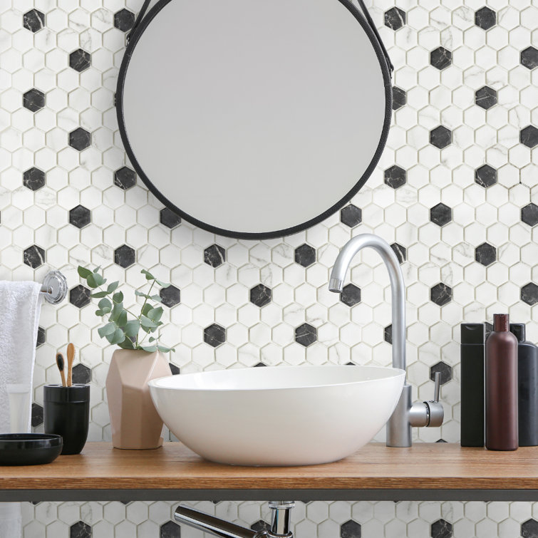 Eterna Hex White and Black Recycled Glass Mosaic Tile