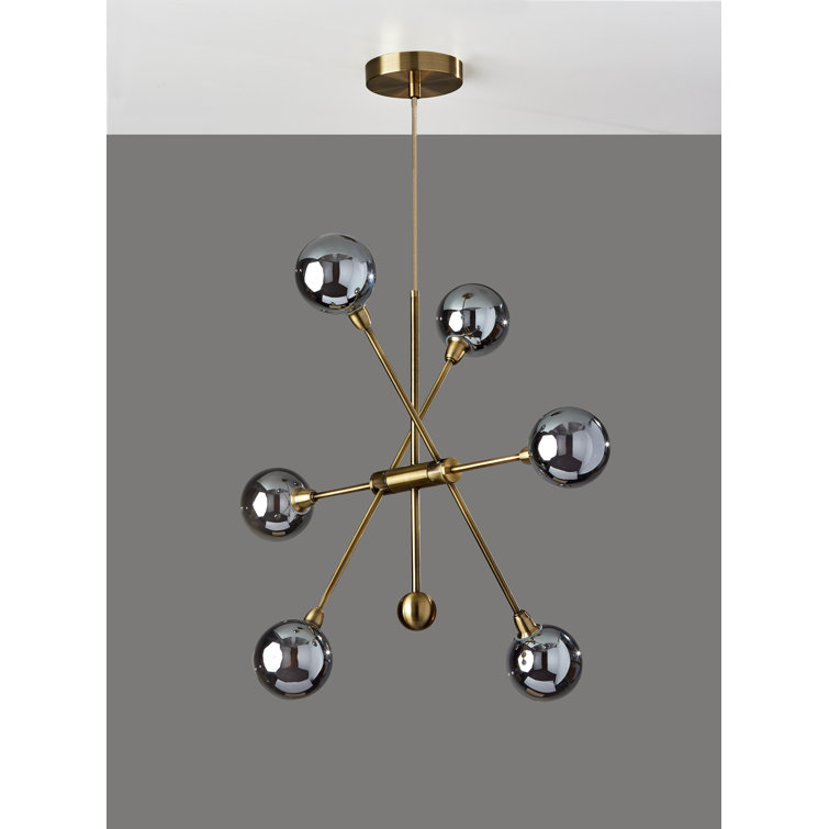 Antique Brass 6-Light Adjustable Sputnik Chandelier with Smoked Glass Shades