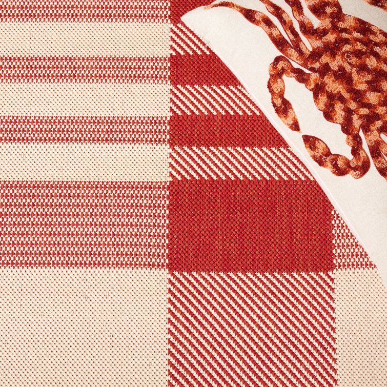 Red and Bone-White Plaid Easy Care Synthetic Rug