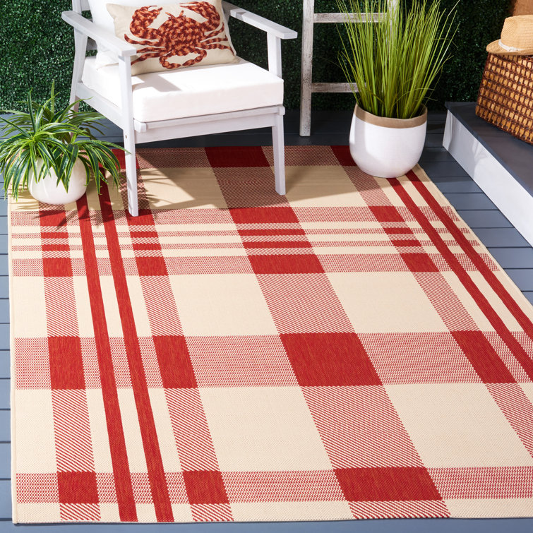 Red and Bone Plaid Outdoor Synthetic Area Rug