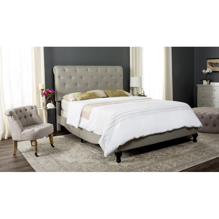 Transitional Beige Linen Full Platform Bed with Tufted Nailhead Headboard