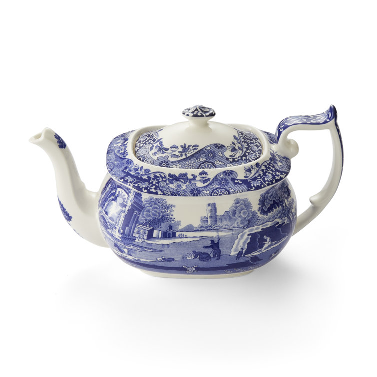 Blue and White Earthenware Teapot with Italian Countryside Design