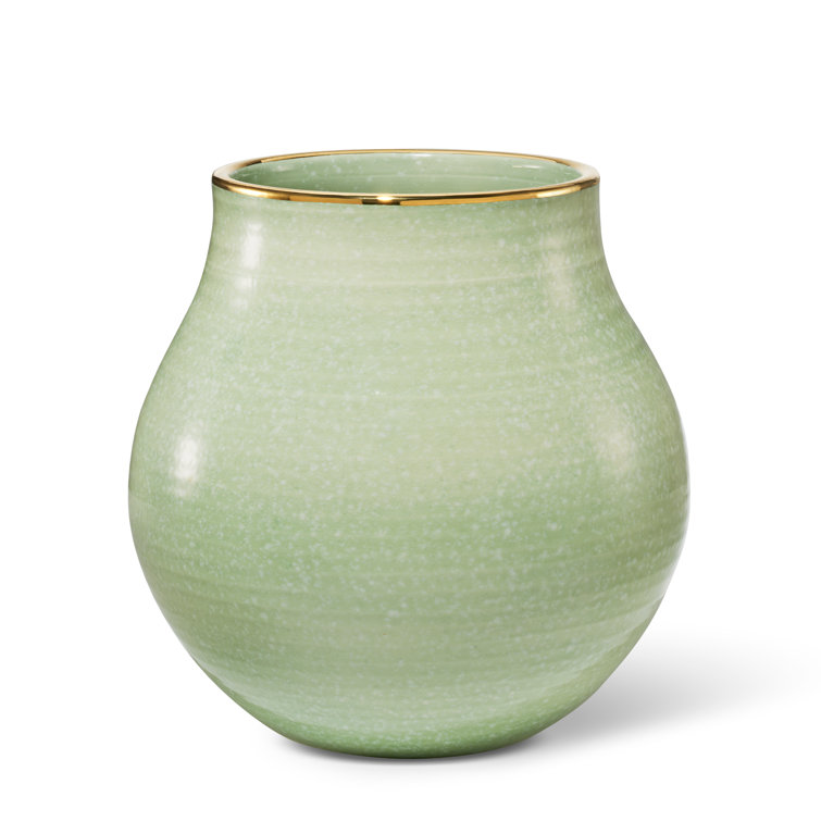 Green Gourd-Shaped Ceramic Table Vase with Gold Rim