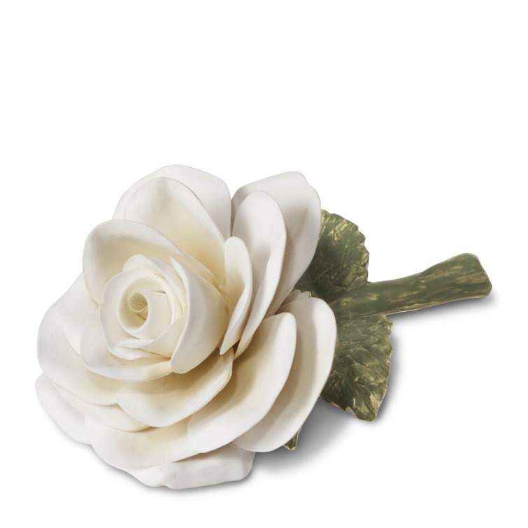 Cream Hand-Sculpted Porcelain Rose with Verdant Leaves