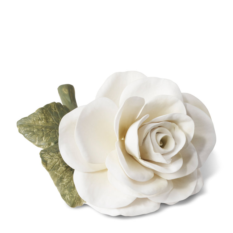 Cream Hand-Sculpted Porcelain Rose with Verdant Leaves