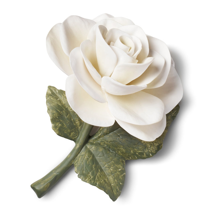 Cream Hand-Sculpted Porcelain Rose with Verdant Leaves