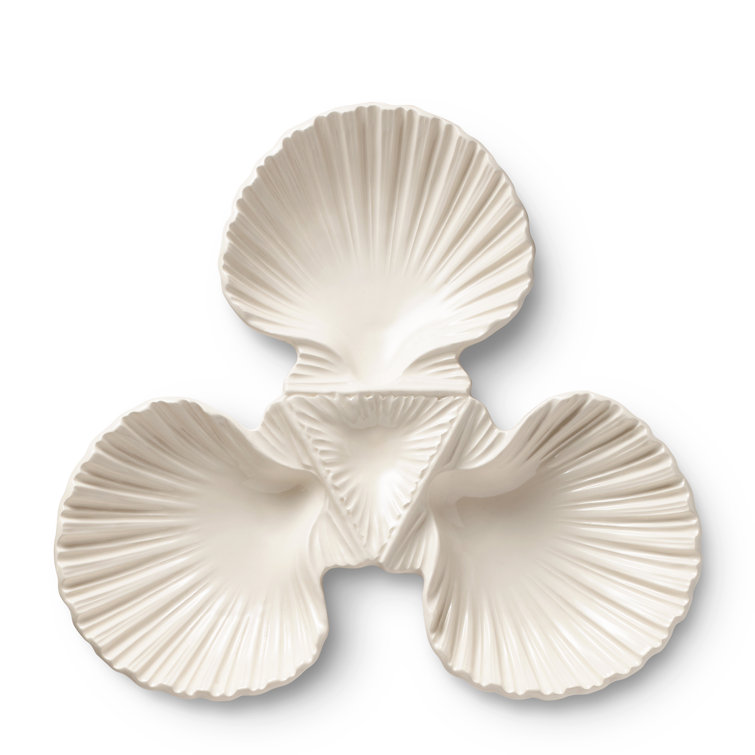 Off-White Ceramic Triangular Shell 3-Bowl Dish