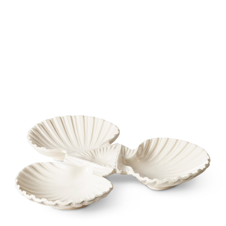 Off-White Ceramic Triangular Shell 3-Bowl Dish