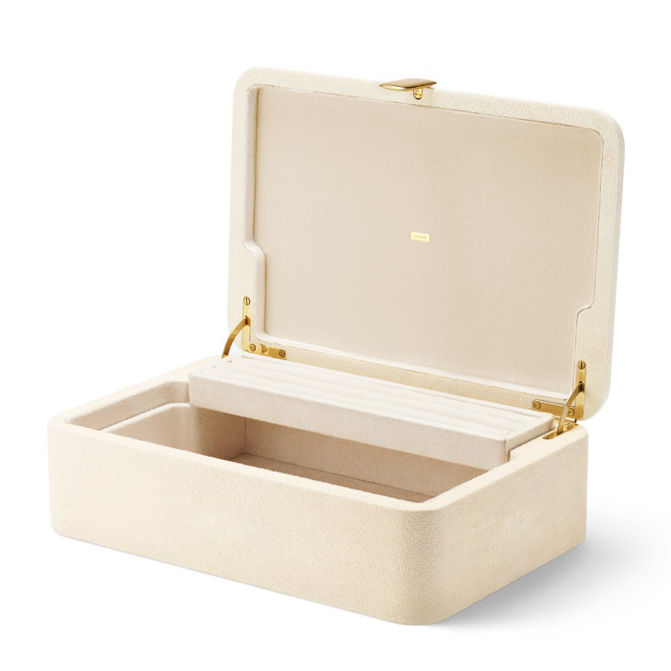 Cream Shagreen Large Jewelry Box with Brass Detailing