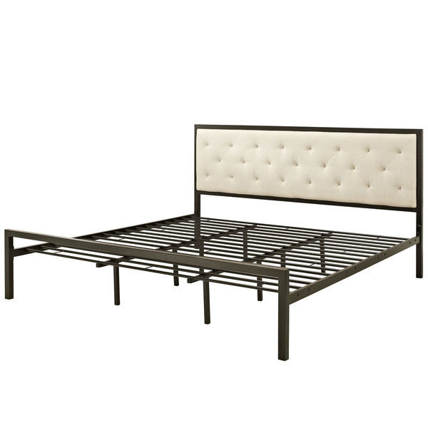 Beige Tufted Upholstered King Bed with Metal Frame