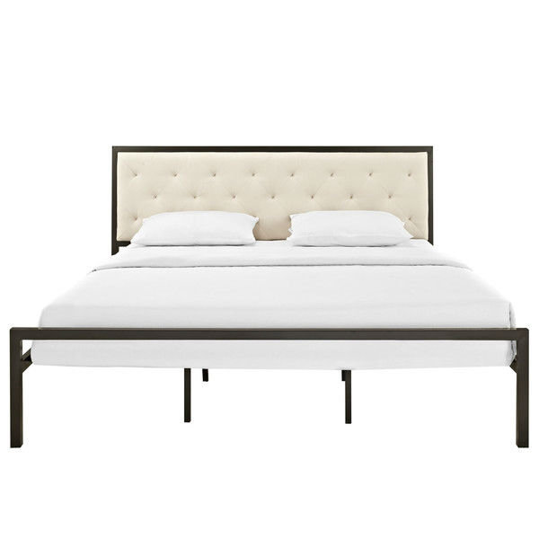 Beige Tufted Upholstered King Bed with Metal Frame