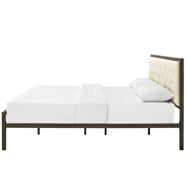 Beige Tufted Upholstered King Bed with Metal Frame
