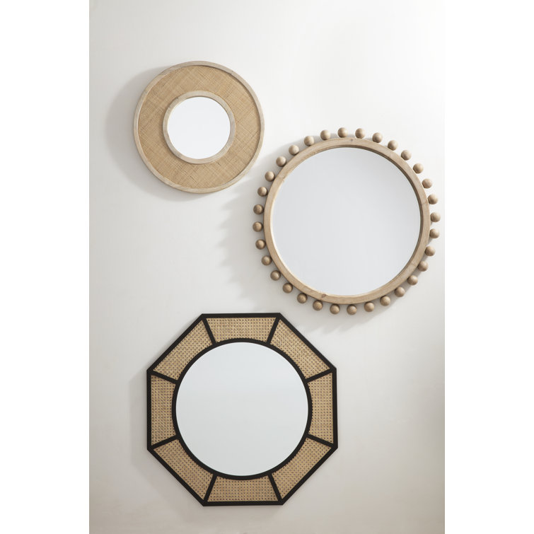 Orion Round Light Wood Mirror with Gold Ornamental Beads